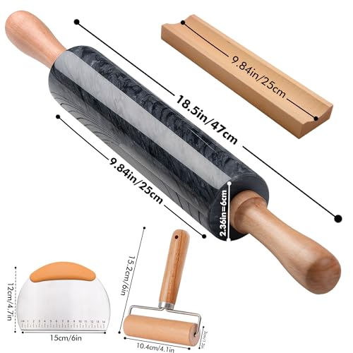 18.5 inches Marble Rolling Pin,Large Non-Stick Dough Roller,for making pizza, cookies,pie crusts, and pasta.with Silicone Pastry Mat,Stainless Steel Scraper,and Small Wooden Roller Pin(Black) - color: Black-2