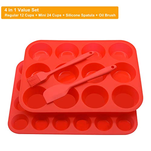 Silicone Muffin Pan Cupcake Set, Non-Stick Regular 12 Cups and Mini 24 Cups,Silicone Baking Molds,BPA Free Muffin Tin with 1 Silicone Spatula & 1 Oil Brush (Red) - color: Red