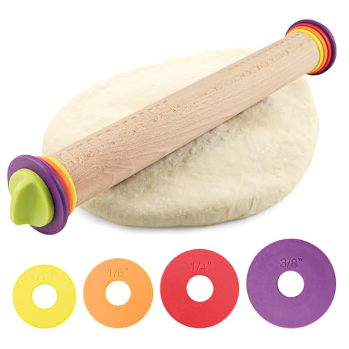 17Inch Wooden Rolling Pin, Rolling Pin with 4 Adjustable Thickness Ring, Graduated Rolling Pin for Baking, Fondant, Pizza, Crust, Cookies, Pastry