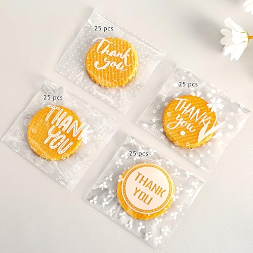 Jutieuo 100pcs Self-Adhesive Thank You Cookie Bags, 4x4 Inch White Polka Dot Clear Cellophane Treat Bags for Individual Dessert Pastry Goodie Candy Cookie Packaging, Party Favors, Bake Sale