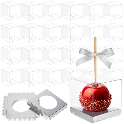 Weysat 100 Pcs Candy Apple Boxes, Silver Base Clear PET with Hole Top - color: Silver