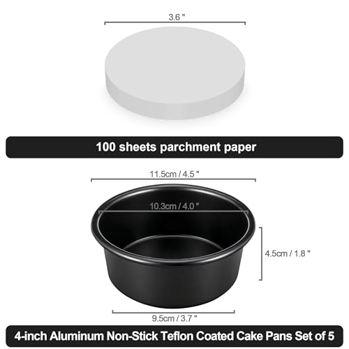 4 Inch Cake Pan, Nonstick Mini Cake Pans Set of 5 with 100 Parchment Paper