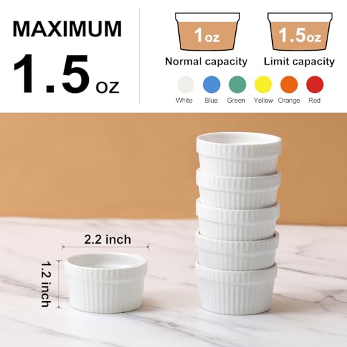 1.5 oz Mini Ramekins Set of 6, Vidalenta Tiny Dipping Sauce Cups, Ramekin Dip Bowl Porcelain Souffle Dish, Small Ramekins Dessert Cups Small Bowls for Charcuterie Board, Microwave & Oven Safe, White