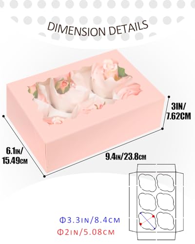 qiqee Pink Auto-pop up 6 Cupcake Boxes with Window 30 Packs Cupcake Box 9.4"x6.1"x3.3" Bakery Boxes For Cupcakes Carrier, Cupcake Containers - color: Pink, size: 6 Holder/30 Packs