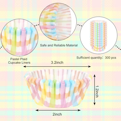 Whaline 300Pcs Pastel Plaid Paper Baking Cups Easter Colorful Checkered Cupcake Liners Spring Muffin Liner Cake Paper Cups Storage Container for Spring Easter Party Baking Supplies, 2 x 1.2 Inch - style: Pastel Plaid