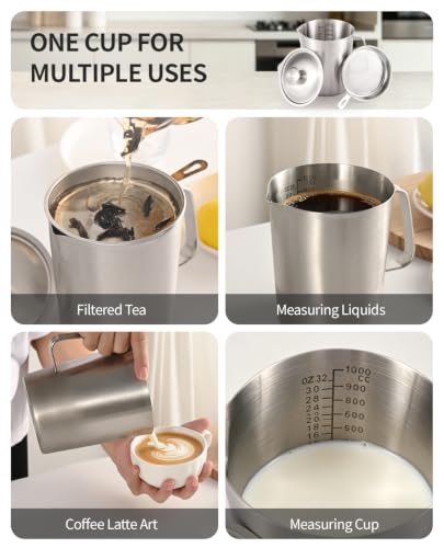 304 Stainless Steel Measuring Cup with Lid, Strainer, 32oz pitcher for Milk