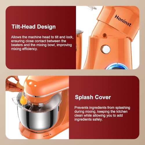 Honinst 4QT Electric Stand Mixer, 10-Speed Tilt-Head Compact Kitchen Mixer - color: Orange
