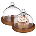Yardwe 2 Pack Mini Cake Stand with Glass Dome Lid - 3.4" Small Dessert Dome Wood Base - Cupcake Cloche Cover for Pastries Cheese Charcuterie - Clear Glass Plate Server for Individual Portion Display