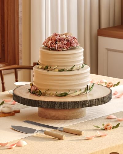 Wood Cake Stand, 12" Rotating Cake Stand with Cake Cutting Set
