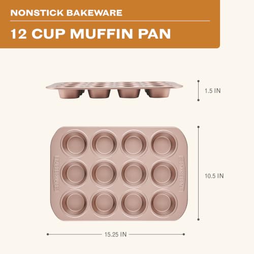 Farberware 47776 Nonstick Bakeware, Nonstick Muffin Pan / Cupcake Pan - 12 Cup, Rose Gold Red - style: Muffin Pan