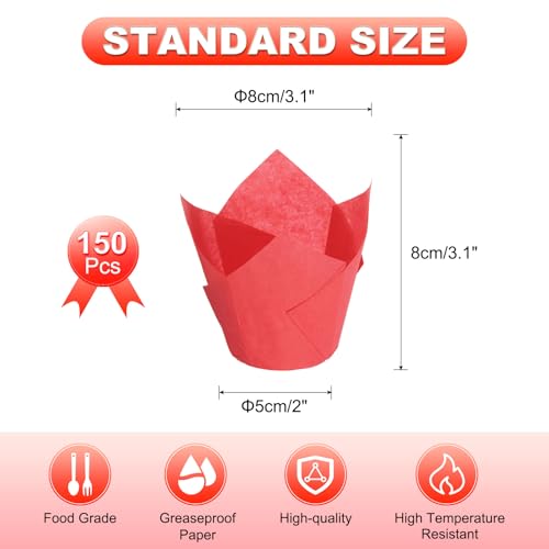 uxcell 150Pcs Tulip Baking Cups Cupcake Muffins Liners Paper Greaseproof Wrappers for Wedding Birthday Party Festivals Christmas(3.1" x 2", Red) - color: Red