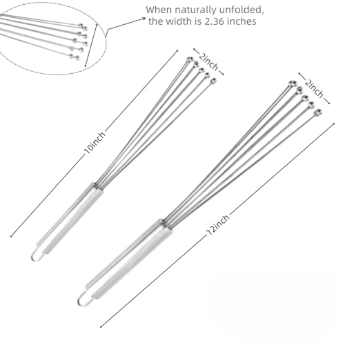 2 Pieces Stainless Steel Ball Whisk Wire Egg Whisk Set and 2 Hooks Kitchen Whisks for Cooking, Blending, Beating, Whisking, Stirring (12" and 10")
