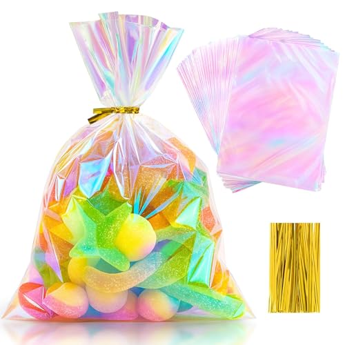 MS.YANGJI 100 PCS Cellophane Treat Bags,6x9 Inch Holographic Bags with Twist Ties,for Holiday Valentines Party Weddings Birthday Party Gift Wrapping - size: 6x9inch