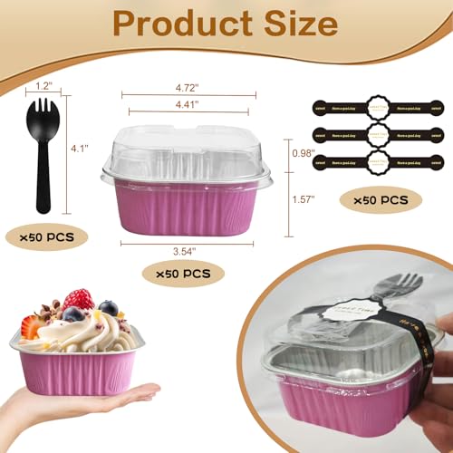 Mini Cake Pans With Lids And Spoons 10 oz 50 Pack Individual Small Cake Aluminum Foil Pans Disposable Square Mini Brownie Baking Cupcake Liners Muffin Tin tins (Pink, 10oz) - color: Pink, size: 10oz
