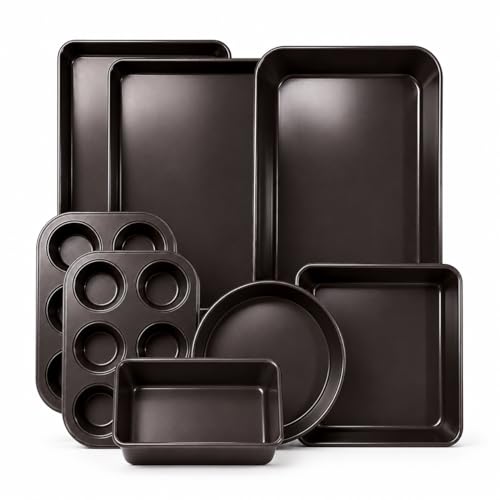 Nonstick Bakeware Set 8 Piece - Stackable Baking Pan Set, Oven safe 450°F, Carbon Steel Baking Set with Muffin, Loaf, Cookie Sheets & Roaster, Easy Storage, BPA-Free (Dark Brown) - color: Dark Brown