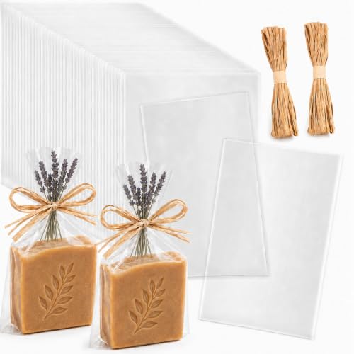 Tudomro 100 Pcs 5 x 8 Inch Clear Cellophane Soap Bags with Raffia Rope