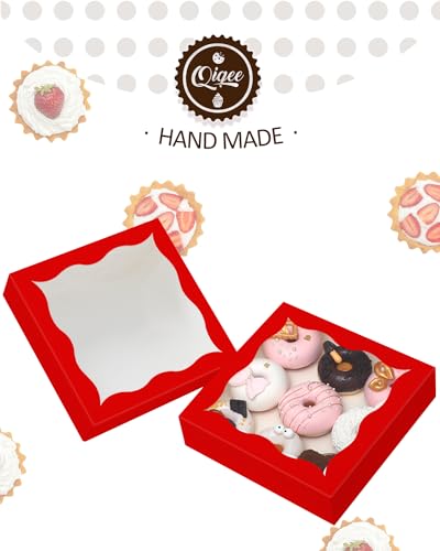 qiqee Auto-pop Up Red Pie Boxes with Window 12x12x3 Inch 24Packs Cookie Donut Bakery Box - color: Red
