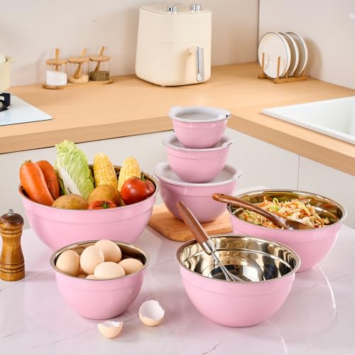 Pink Mixing Bowls with Airtight Lids, Stainless Steel Nesting Mixing Bowls Set of 7, Ideal for Baking, Prepping and Serving Food, Size 7, 3.6, 2.7, 2.1, 1.5, 1.1,0.8 QT, Stackable Design - color: Pink, size: 7 Pieces