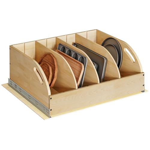 WelFurGeer Birchwood Pot and Pan Organizer with Soft-Close Drawer, Pull Out Cabinet Organizer, Heavy-Duty Slide-Out Storage for Baking Sheets, Cutting Boards, and Kitchen Utensils - size: 26"W X 21"D
