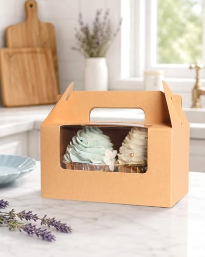 qiqee Cupcake Box Two Holder 6.5x3.6x3.5inch(2.2" Top) 50pcs Brown 2 Cupcake Boxes With Window - color: Brown, size: 50Pcs, Two Holder