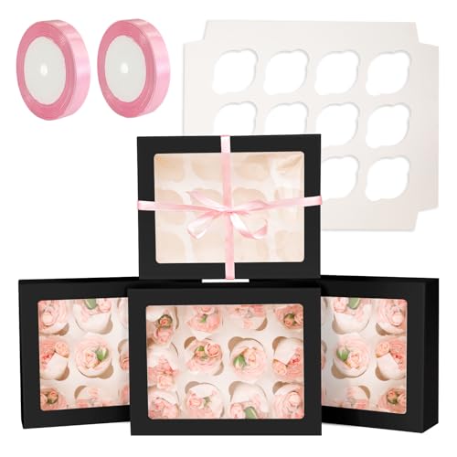 qiqee Auto-pop Up Cupcake Boxes with Window Black 40PCS 12 Count Cupcake Box 13"x10"x3.5" Cupcakes Carrier, 12 Cupcake Containers with 2 rolls of pink ribbons - color: Black, size: 12 Holder/40 Packs
