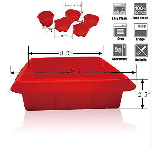 8X8inch Silicone Square Cake Baking Pan, Deep-Dish Roasting Lasagna, Silicone Baking Bakeware Brownie Pan +10 Pastry Muffin Molds Set of 11(Red)