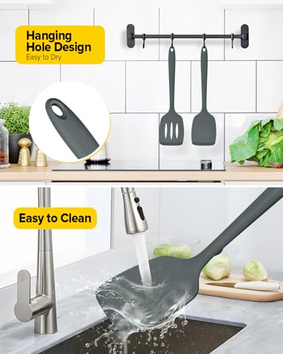 BUNDLEPRO Silicone Spatula, Solid & Slotted Turner, One-Piece, 2 Pack, Gray - color: Gray