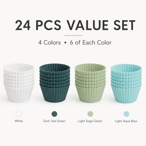 Reusable Silicone Muffin Liners – 24-Pack Cupcake Baking Cups, BPA-Free, Regular Size, Assorted White/Blue/Green