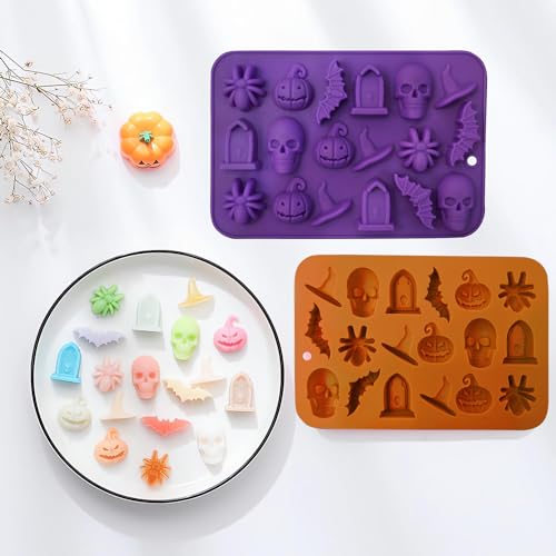 Halloween Molds Silicone for Chocolate 2 Pack, 3D Halloween Chocolate Candy Gummy Mold Skull Pumpkin Bat Ghost Witch Hat Spider tombstone Shapes Mold - style: Halloween 2PCS