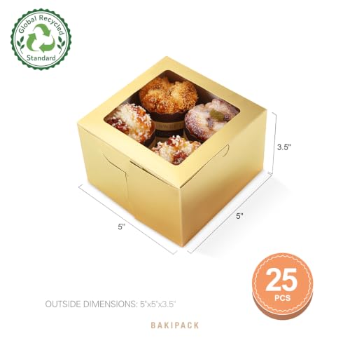 25 Gold Bakery Boxes with Window, 5x5x3.5 Inches Cake Boxes - color: Gold
