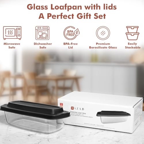 Razab 7.6 Cups / 1800 Ml / 1.9 Qt Large Glass Loaf Pan with Lids for Baking - color: Black, size: Set of 01