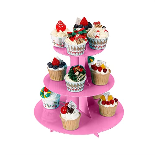 YLDW Cupcake Stand, 3-Tier Cupcake Stand Display, Cardboard Cup Cake Tower Stand, Disposable Dessert Stand for Birthday Tea Party Baby Shower Treat Decorations, Pink - color: Pink