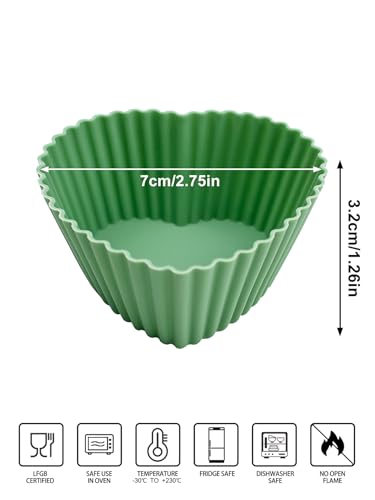 Heart Shaped Silicone Cupcake Liners, 6 Pack Reusable Non-Stick Baking Molds for Muffins, Cupcakes, Oven Safe, Dishwasher Safe (Green)