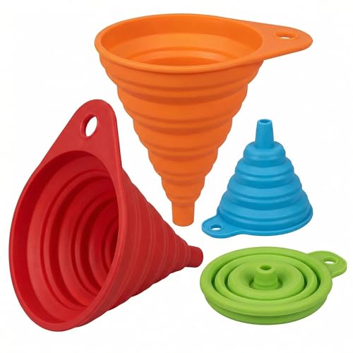 4-Piece Collapsible Kitchen Funnel Set, Silicone Foldable Funnel Kit, Suitable for Liquids and Dry Ingredients, Space-Saving Design, Easy to Clean