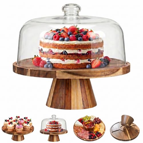 Acacia Wood Cake Stand with Lid - 11.4” Wooden Cake Stand with Dome & Magnetic Base, Cupcake Stand for Birthday Parties & Gatherings, Premium Clear Acrylic Lid for Dessert Display(Magnetic) - color: Magnetic