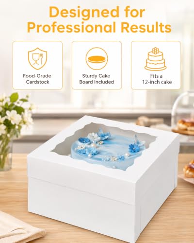 White 12"x12"x6" Cake Box 4Pcs, 12" White Cake Round Boards 4Pcs, for Cake, Treat Cookie Dessert, Birthday Party