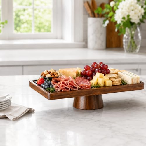 Acacia Wood Cake Stand with Acrylic Lid,2-in-1 Serving Tray,Dessert Display