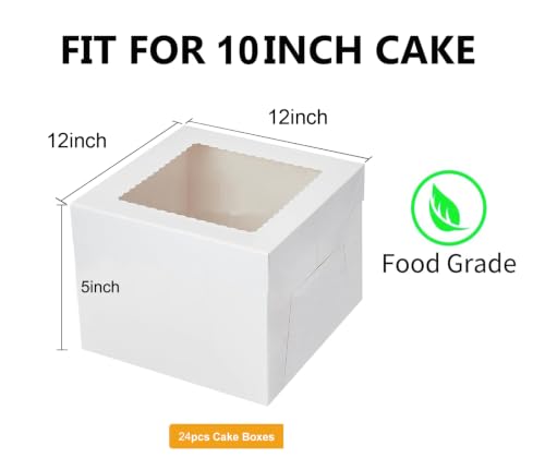 24Pack Cake Boxes 12inch, White Paper Cake Boxes With Window, Cajas Pasteles For Cake Delivery Baking Business Gifting, Cookies, Pie, Pastries, Chocolates, Cupcake 12x12x5 Inch - size: 12x12x5 inch
