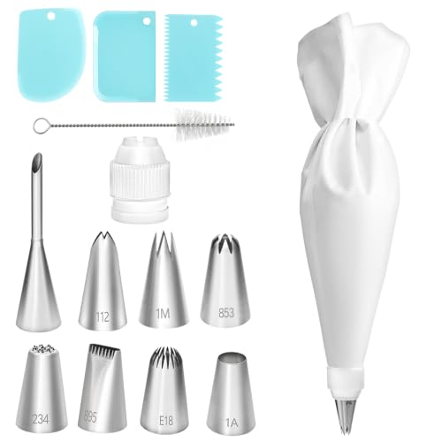 14Pcs Piping Bags and Tips Set Reusable 16" Cotton Piping Bag - color: White
