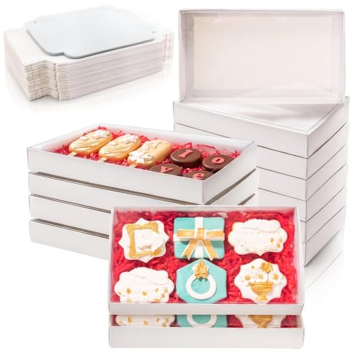 Tebery 50 Pack Cookies Boxes with Full Clear Window, 9 1/2" x 6" x 1 1/4" Pastry Bakery Box, Macaron Treat Packaging Boxes for Wedding, Party, Take Out Container for Chocolate, Donuts, Muffin, Dessert