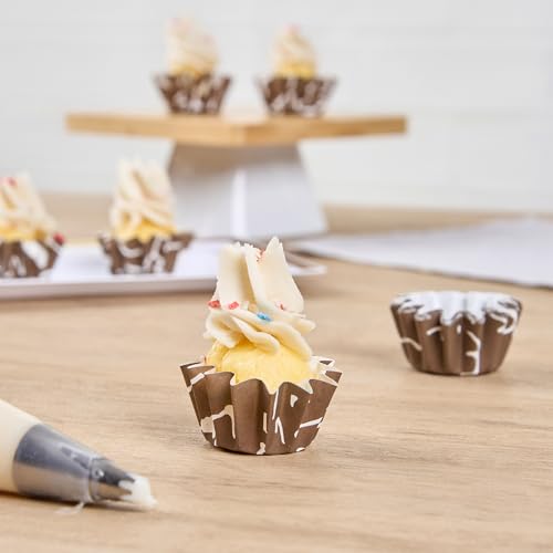 Restaurantware Panificio 0.4 Ounce Baking Cups 200 Flared Cupcake Liners - Oven-Ready Freezable Brown And White Paper Muffin Cases Disposable Chocolate Wisp For Wedding Parties Baby Showers - size: Small, style: Flared