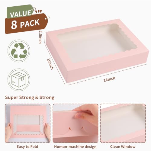 8pcs Bakery Boxes with Window, 14x10x2.5 Inch cookie Boxes, Pink - color: Pink, size: 14*10*2.5inch/8pcs