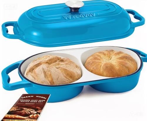 DIY Double Dutch Oven for Sourdough Bread Baking – Enamel Cast Iron Bread Baker with Lid, Bake Two Different Loaves at Once, 500°F Oven Safe - color: Sapphire Blue