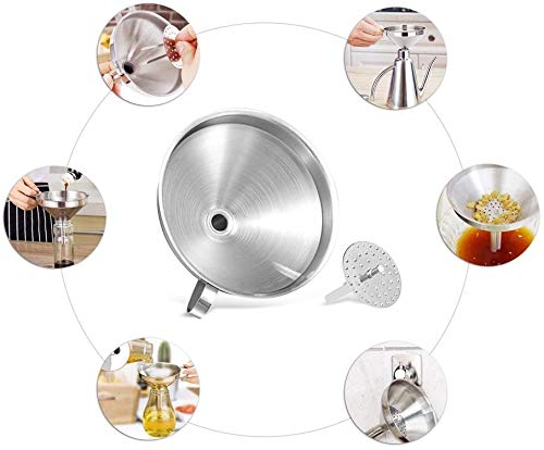 Kitchen Funnel, 3 Piece Stainless Steel Funnels Set with Handle Design and Removable Strainer, Great for Transferring of Liquid, Fluid, Dry Ingredients & Powder, Funnels for Filling Bottles - color: Funnel set-3