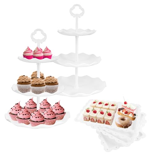 6 Pcs Cupcake Stand White Dessert Table Display Set 2 Pcs 3 Tier Plastic Cake Stand Holder 4 Pcs Dessert Serving Tray Cookie Platter Rack Tower for Tea Party Wedding Baby Shower