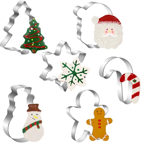 Large Christmas Cookie Cutters Set, 6 Pcs Large Holiday Cookie Cutters Shapes - Christmas Tree, Snowman, Gingerbread Man, Snowflake, Candy Cane, Santa Face Stainless Steel Holiday Cookies Molds