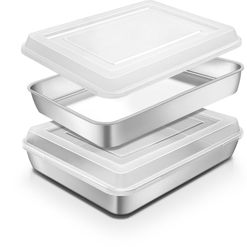 Stainless Steel Baking Pan with Lid, 12⅓ x 9¾ x 2 Inch Deep Rectangle Cake Pans with Cover for Cakes, Brownies, Cookies, Deep Side & Heavy Duty,Dishwasher & Fridge & Oven Safe(2 Pans + 2 Lids) - size: 12.4 x 9.85 x 2 Inch