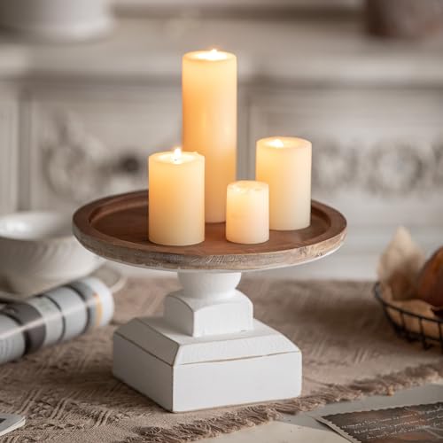 SOFE 9 Inches Round Wood Cake Stand, Rustic White Pedestal Stand