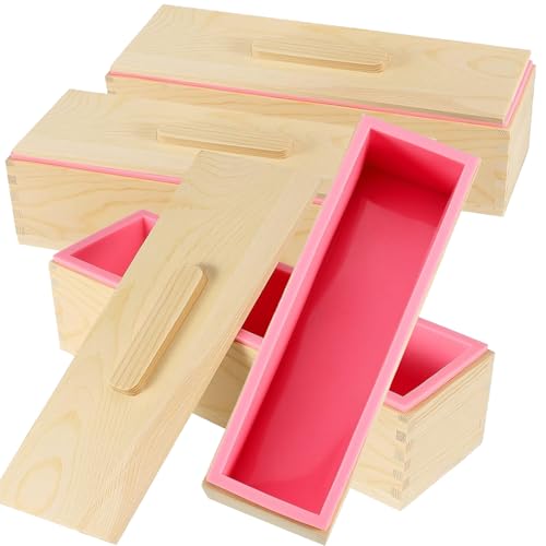3PCS 47oz Silicone Soap Kit, Pink Rectangular Silicone Loaf Soap Making with 3 Wooden Boxes and 3 Lids, DIY Supplies for Soap Making - color: Pink