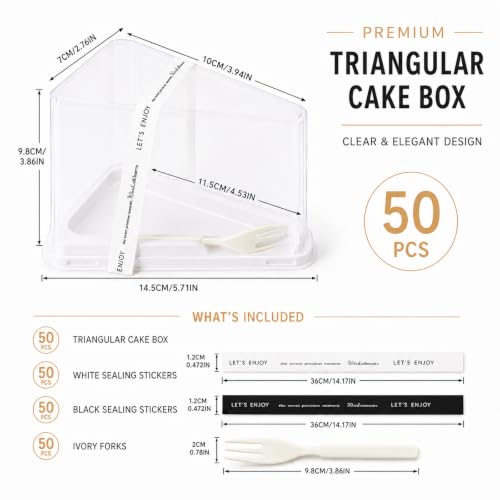 50 Pieces Cake Slice Plastic Containers with Disposable plastic fork and Stickers,5.7 Inches Hinged Lid Cheese cake Container,Cupcake containers,individual cupcake containers, Bakery and Cafe